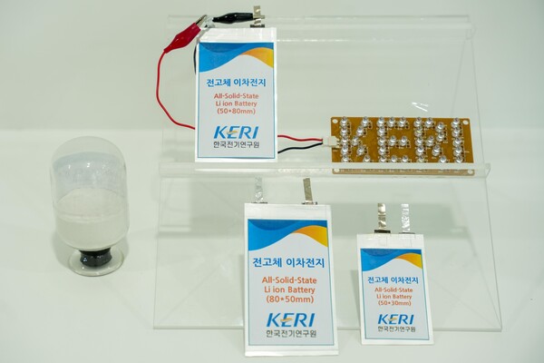 습식 합성 공정으로 제조된 고체전해질 분말(왼쪽)과 이를 활용한 전고체전지 시제품