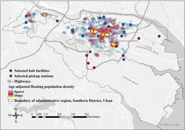 유동인구 밀도를 고려한 통합 라스트 마일 배송 플랫폼의 최적 터미널 위치 결과. 라스트 마일 배송 플랫폼 내에서 운영되는 허브 시설과 픽업 스테이션의 최적 위치를 유동 인구 밀도와 통합한 결과이다.