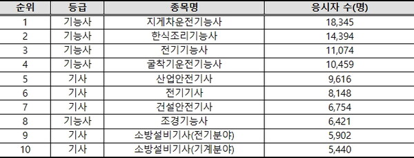 2023년 50대 최다 응시 종목 Top10