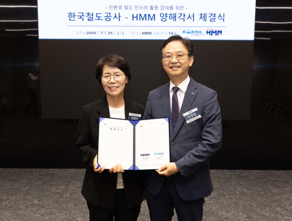 (오른쪽부터) 이정엽 HMM 컨테이너사업부문장과 김양숙 코레일 물류사업본부장