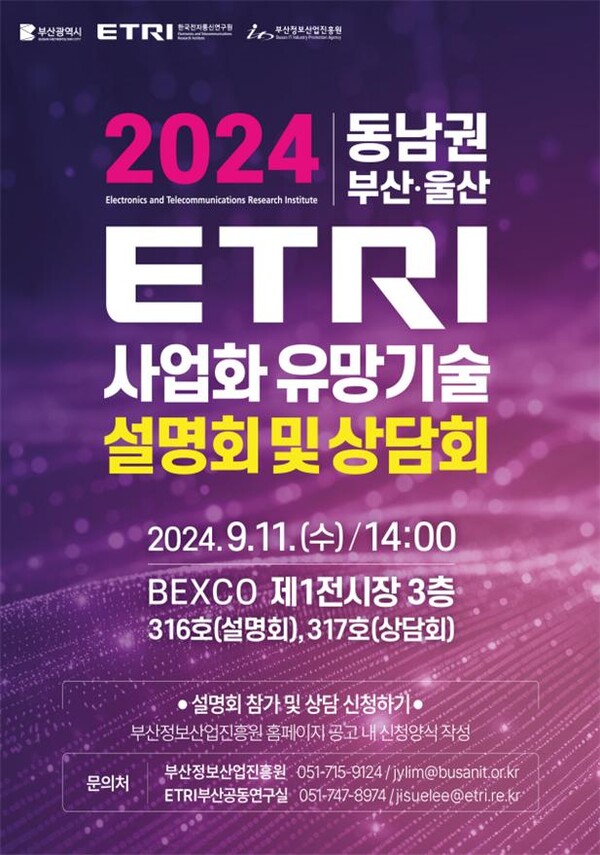 ‘2024 동남권 한국전자통신연구원(ETRI) 유망기술 설명회 및 상담회’ 포스터