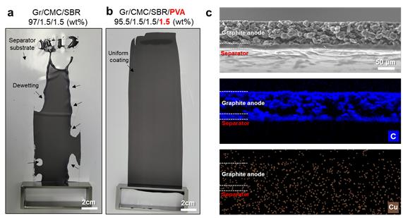 전극 슬러리 내 폴리비닐알코올 함유 유무에 따른 분리막 상 도포성 평가(왼쪽) 및 전자현미경 분석 결과(오른쪽)