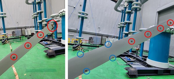 기존 풍력 블레이드 수뢰부(왼쪽), 정극성 낙뢰 피해를 막기 위해 KERI가 가장자리 위치(파란색)에 새롭게 설계한 수뢰부(오른쪽)