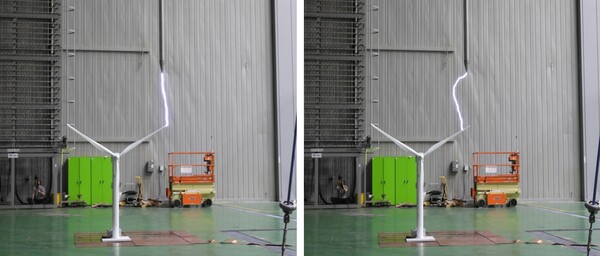 왼쪽 부극성 낙뢰는 기존 수뢰부에 주로 내리치지만, 정극성 낙뢰는 이를 피해 풍력 블레이드 옆 부분에 내리치는 경우가 있다.