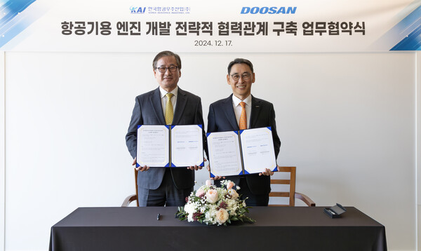 (왼쪽부터) 한국항공우주산업(KAI) 강구영 사장과 두산에너빌리티 정연인 부회장