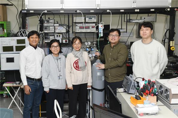 KRISS 반도체디스플레이측정그룹 연구진. (왼쪽부터) 트리스나 UST연구학생, 박미연 UST연구학생, 이정순 책임연구원, 김동겸 박사후연구원, 김상우 박사후연구원