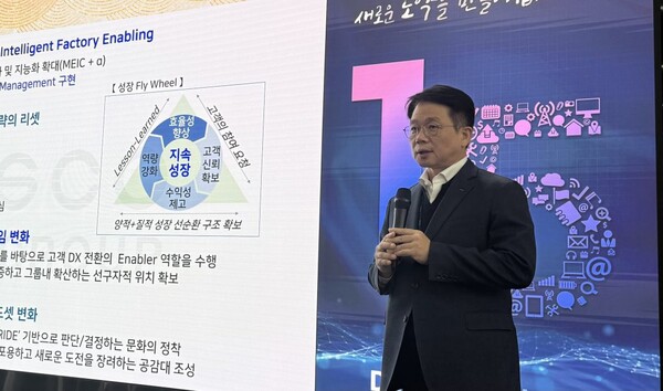 포스코DX 심민석 사장이 지난 22일 판교사옥에서 열린 창립 15주년 기념식에서 기념사를 하고 있다.