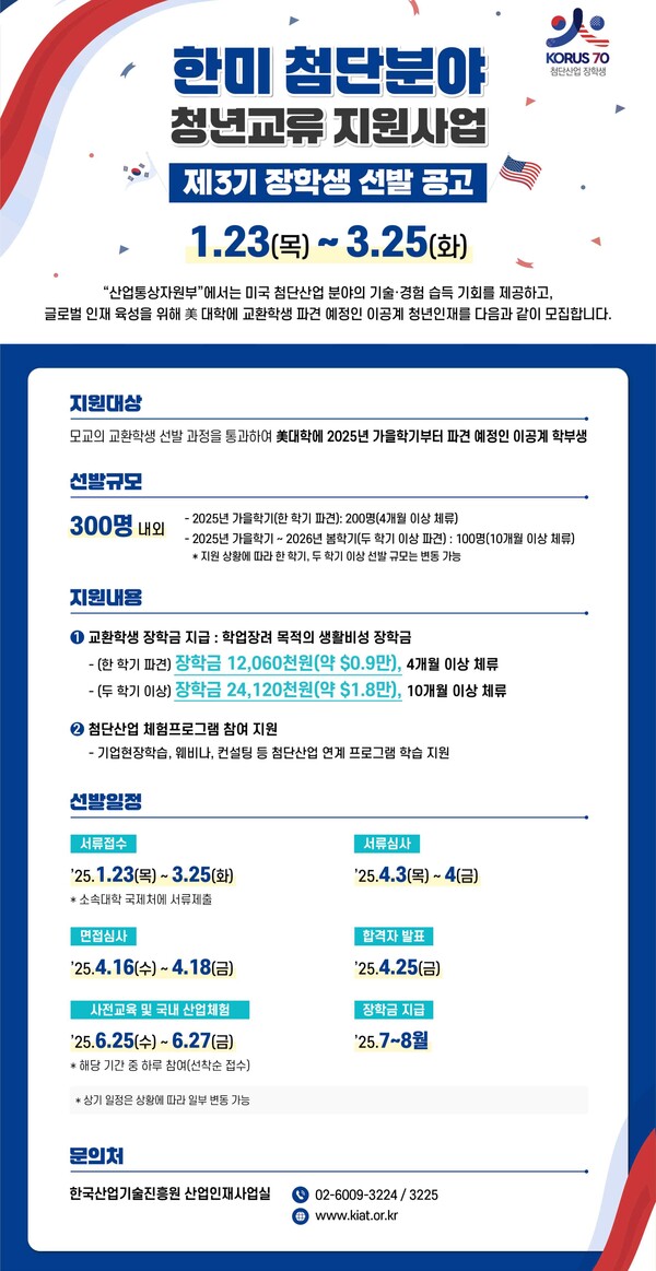 ‘한·미 첨단분야 청년교류 지원사업’ 제3기 장학생 모집 포스터