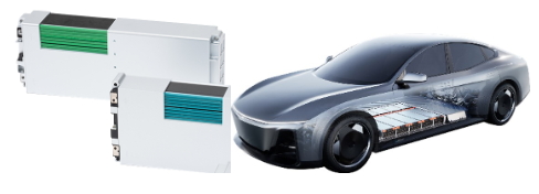 고전압 미드니켈 배터리가 적용된 배터리 모듈(좌) 및 전기자동차(우)