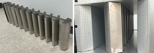 철도연 노희민 책임연구원이 개발한 피쉬본 소음기의 실제 형상. (왼쪽부터) 내부 장착 전 모습과 내부 장착 후 모습