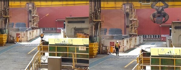 차단기가 열린 모습(왼쪽)과 크레인 이동 감지시 차단기가 작동된 모습(오른쪽)