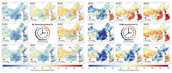 기존 모델과 개발된 모델의 오존 모니터링 성능 비교. 연구 기간 동안 일 평균 지표면 오존(O3) 농도가 가장 높았던 2022년 5월 18일에 대해 기계학습 기반 O3 추정 모델(왼쪽)과 ECMWF CAMS(오른쪽)에서 산출한 3시간 간격 지표면 오존 분포 비교