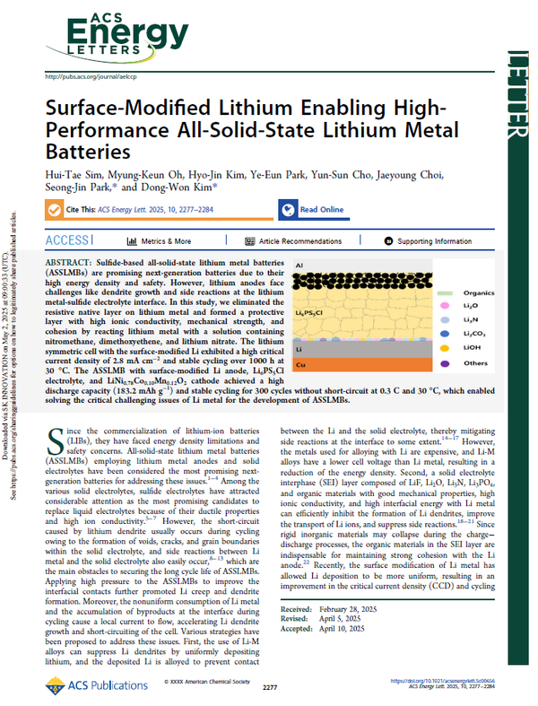 SK온과 한양대학교의 ‘황화물계 리튬 메탈 음극 보호막 적용 연구 결과’가 담긴 국제학술지 ‘ACS 에너지 레터스(ACS Energy Letters)’ 논문