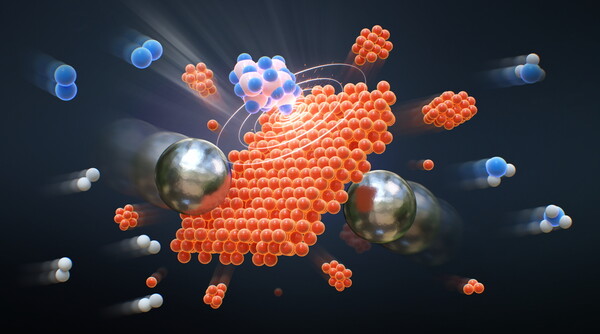 쇠구슬 충돌(볼밀링)에 의해 철 촉매 표면(주황색)에서 N₂와 H₂가 반응해 NH₃가 생성되는 과정