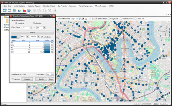 TRIPS 인터네셔널 주요 화면(호주 브리즈번 정류장의 일별 승객수 시각화)