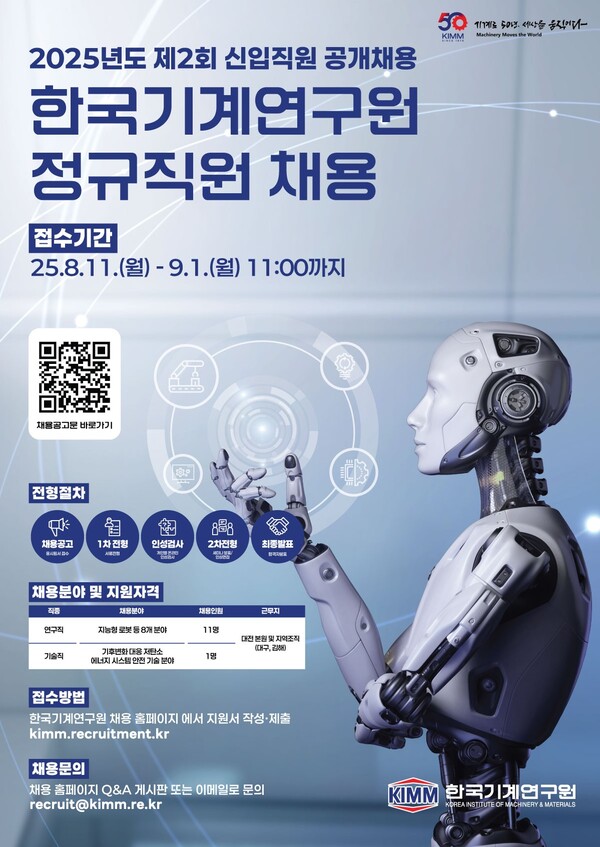 한국기계연구원이 국가 미래 전략기술 분야의 혁신을 이끌 핵심 인재 확보에 나선다.