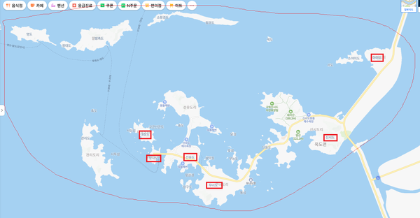 도서와 연륙도서가 혼재된 우편번호 예시(전북 군산시 옥도면, 54000)