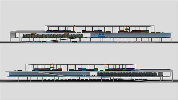 스마트 철도물류 터미널 모델(정면(위)과 후면)