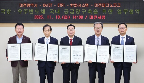 (왼쪽부터) 김우연 대전테크노파크 원장, 이광형 KAIST 총장, 이장우 대전시장, 방승찬 ETRI 원장, 손재일 한화시스템 대표